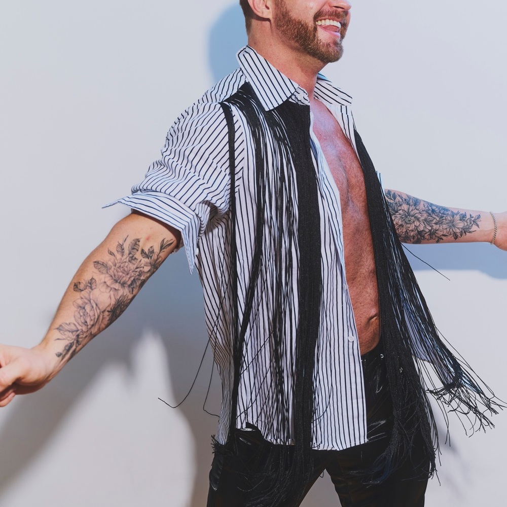 Sexy fun fringe button up striped shirt M men